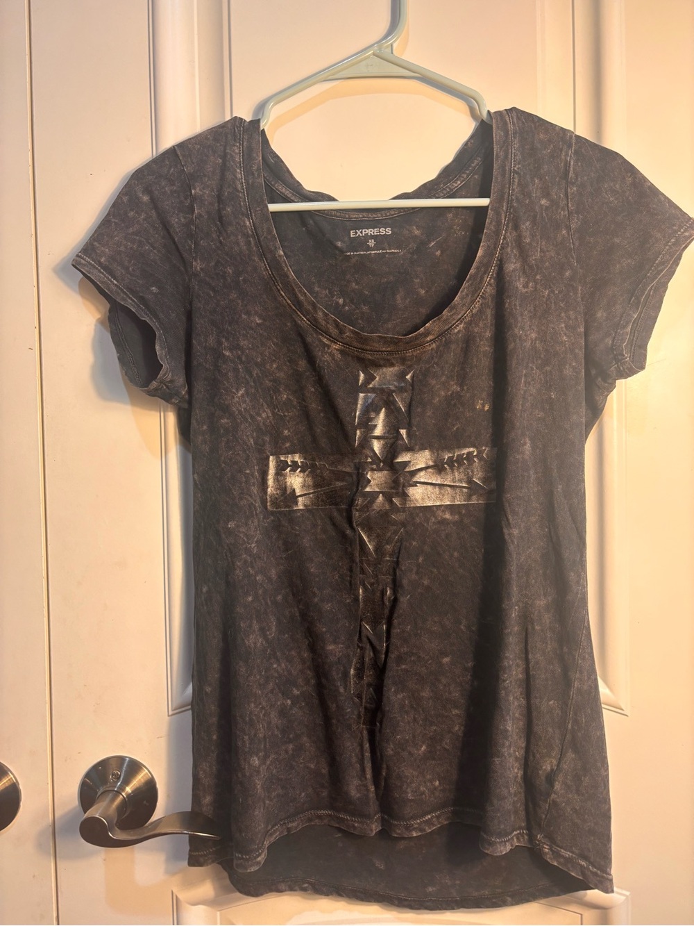 Express Acid Wash Grey Short Sleeve Shirt With Metallic Cross Graphic Logo-XS